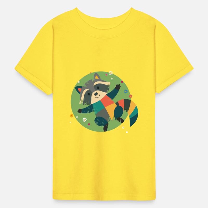 colorful raccoon lies relaxed in the green grass