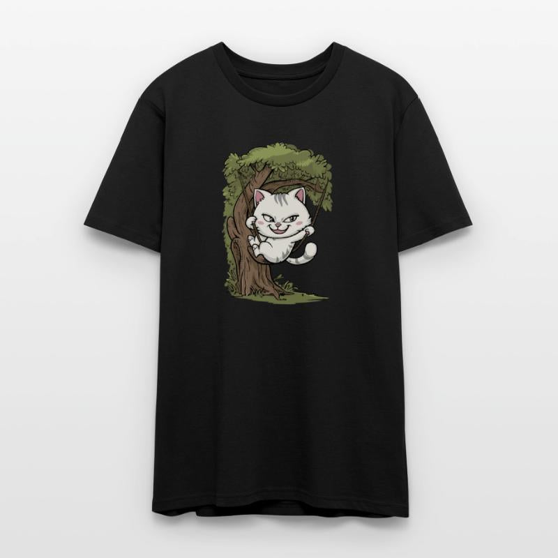 Mischievous White Cat Swinging On Tree, Rope Swing