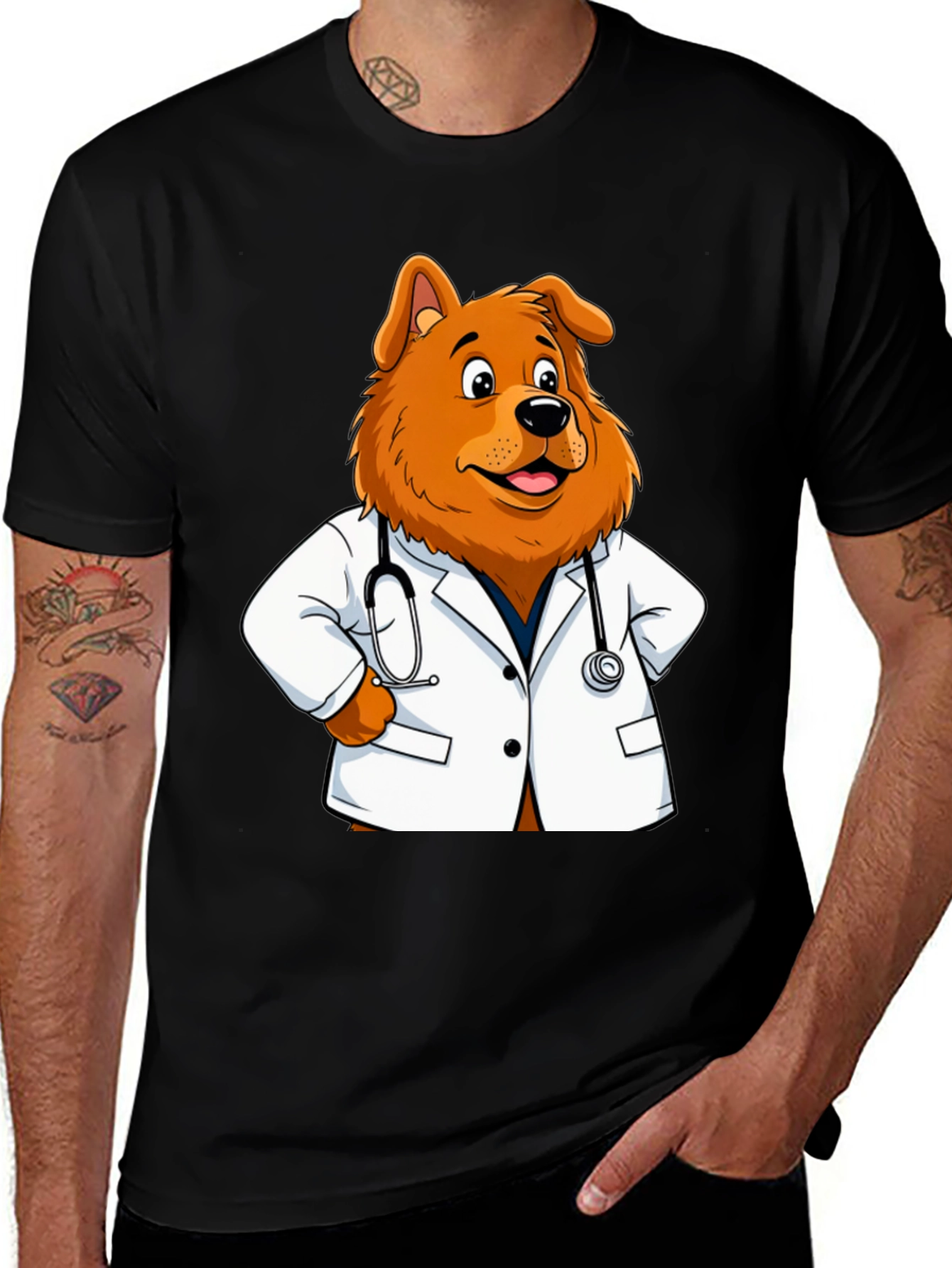 Dog Doctor Cartoon Graphic Tee - Unisex Black T-Shirt