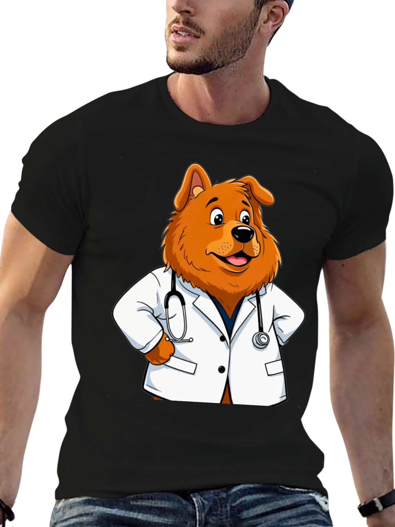 Dog Doctor Cartoon Graphic Tee - Unisex Black T-Shirt