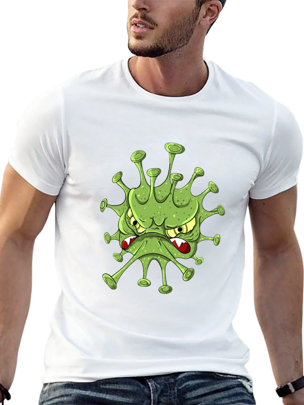 Mens Black T-Shirt with Cartoon Virus Design