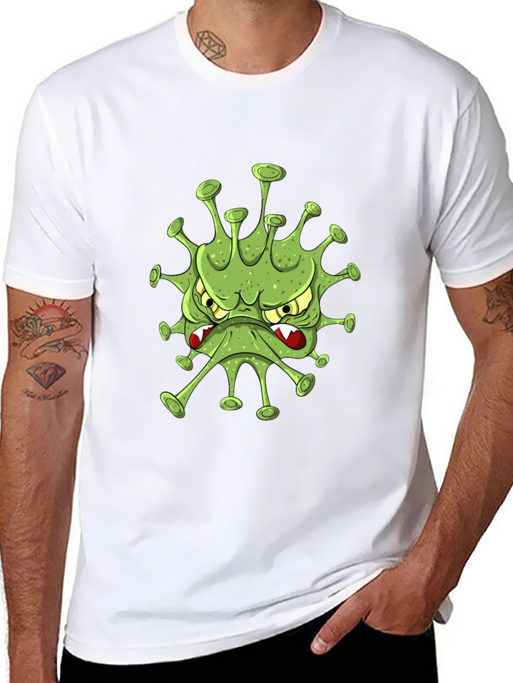 Mens Black T-Shirt with Cartoon Virus Design