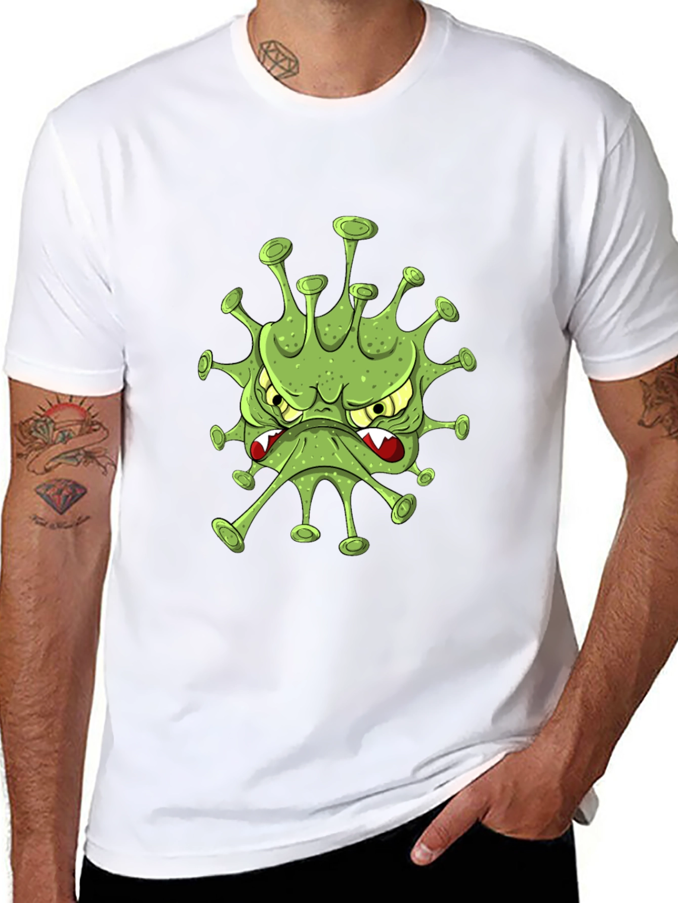 Mens Black T-Shirt with Cartoon Virus Design