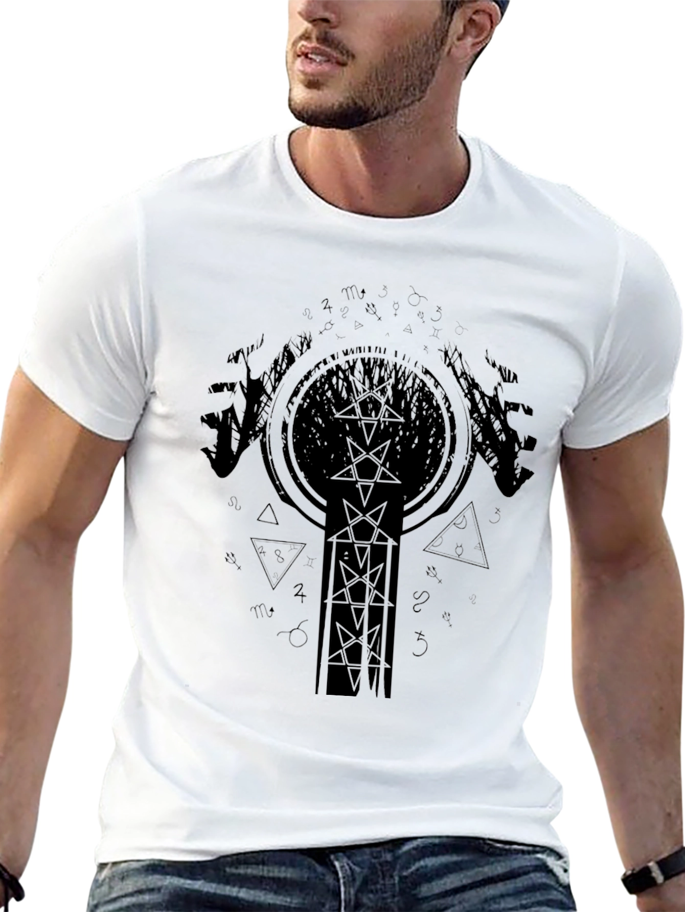 Mens Black Graphic Tee - Occult Design