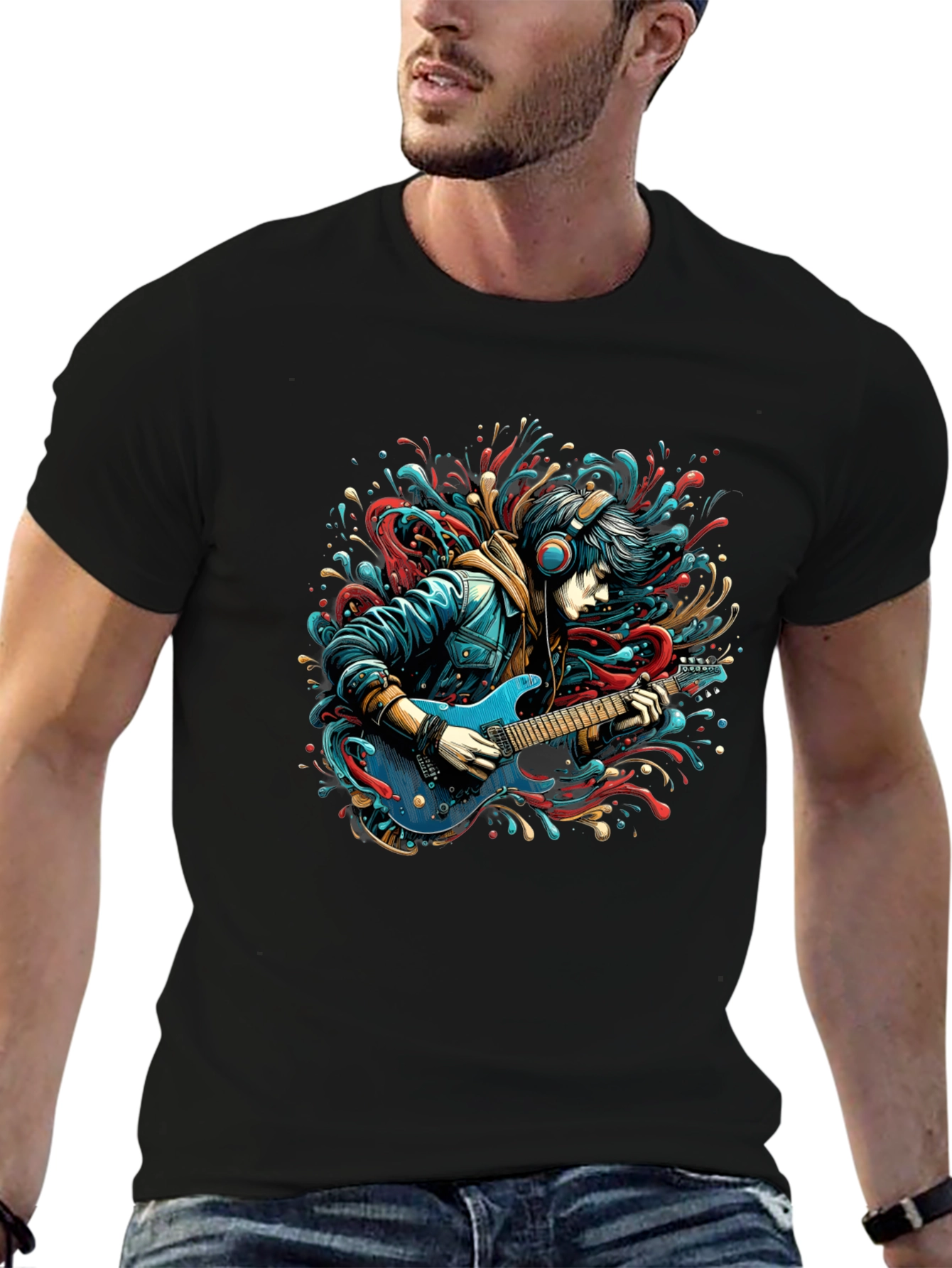 Guitar Player Graphic Print Black T-Shirt
