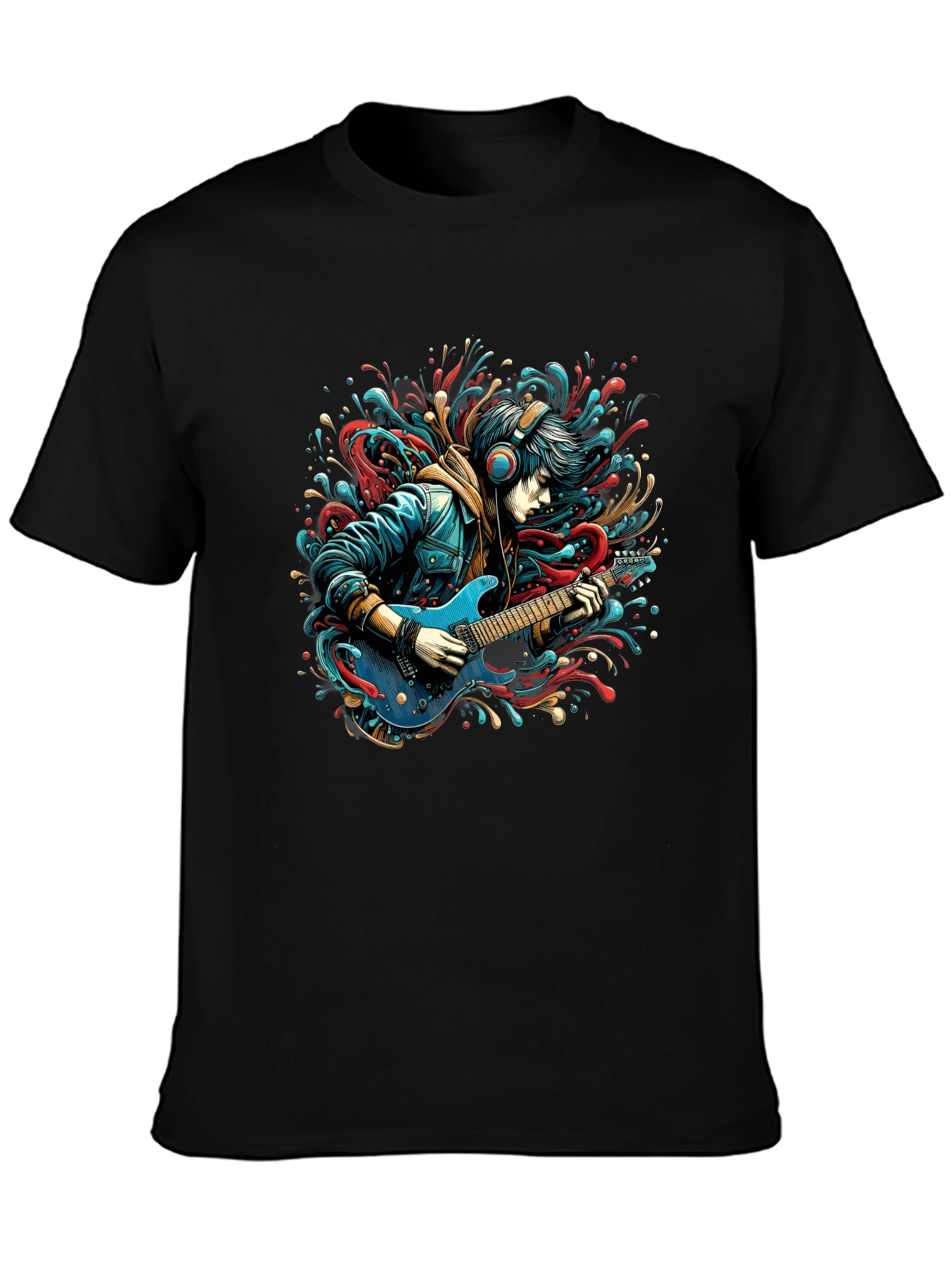 Guitar Player Graphic Print Black T-Shirt