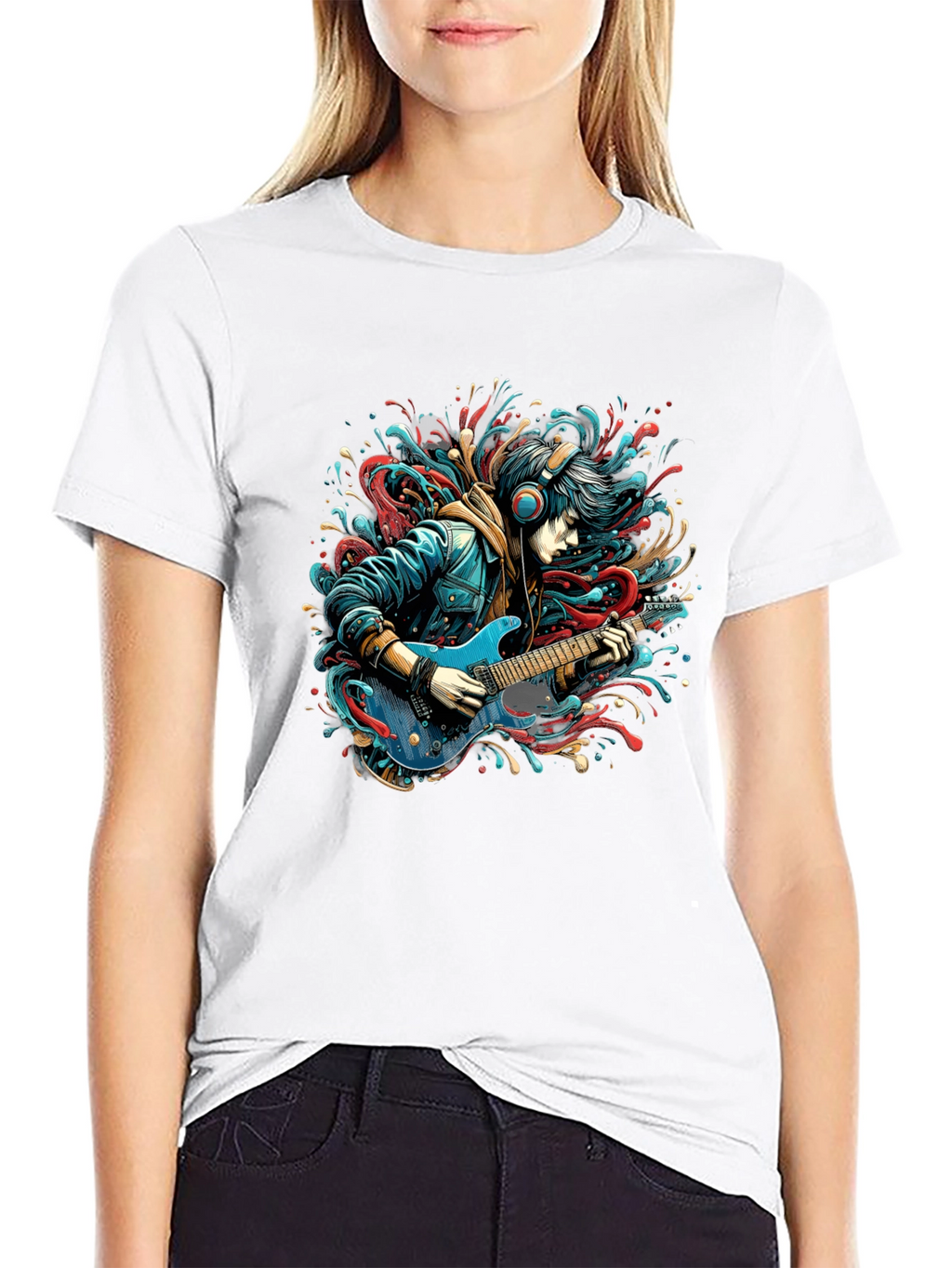 Guitar Player Graphic Print Black T-Shirt