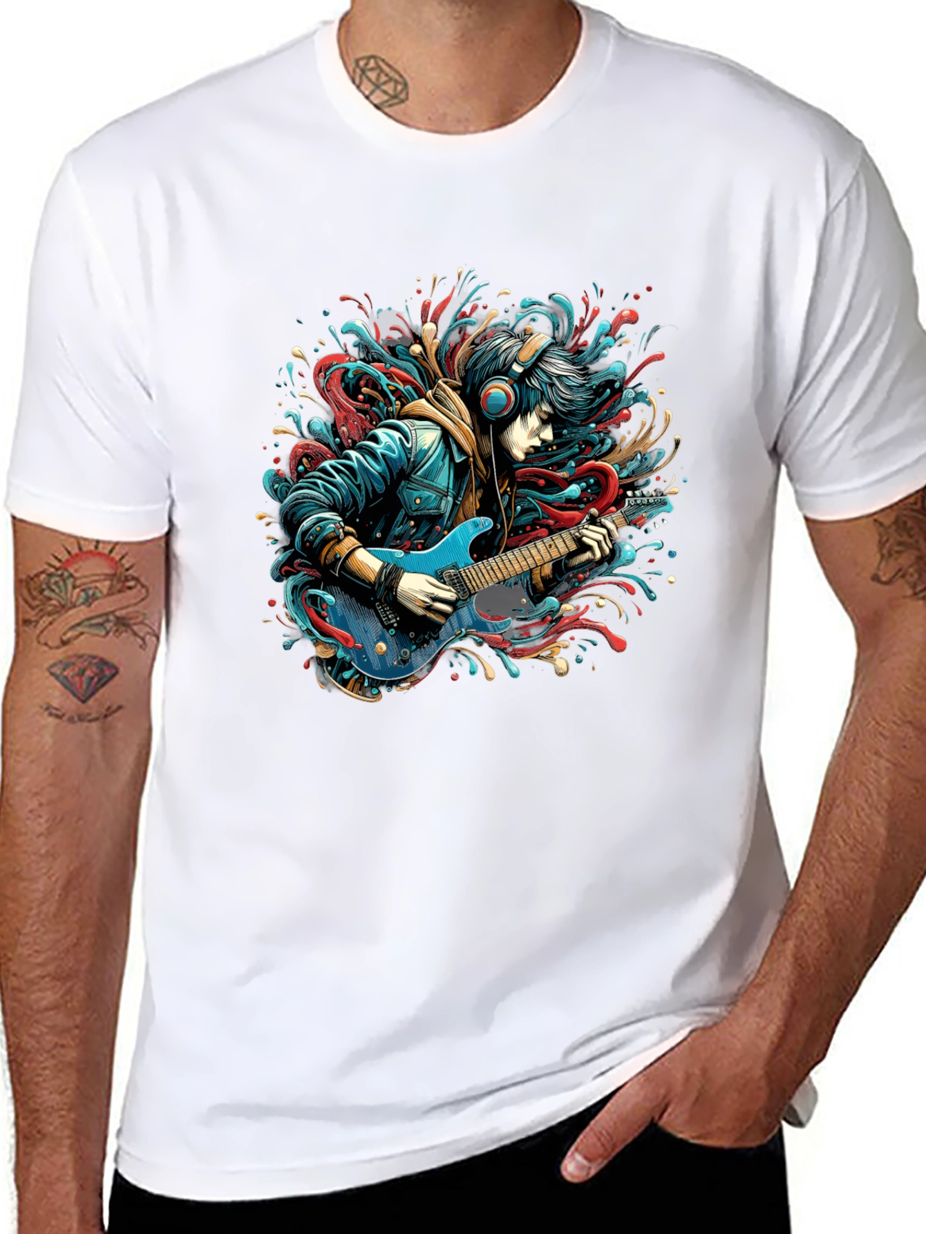 Guitar Player Graphic Print Black T-Shirt