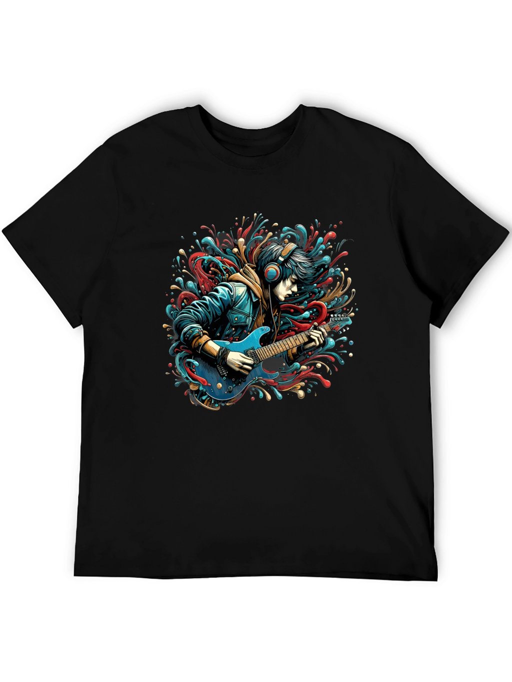 Guitar Player Graphic Print Black T-Shirt