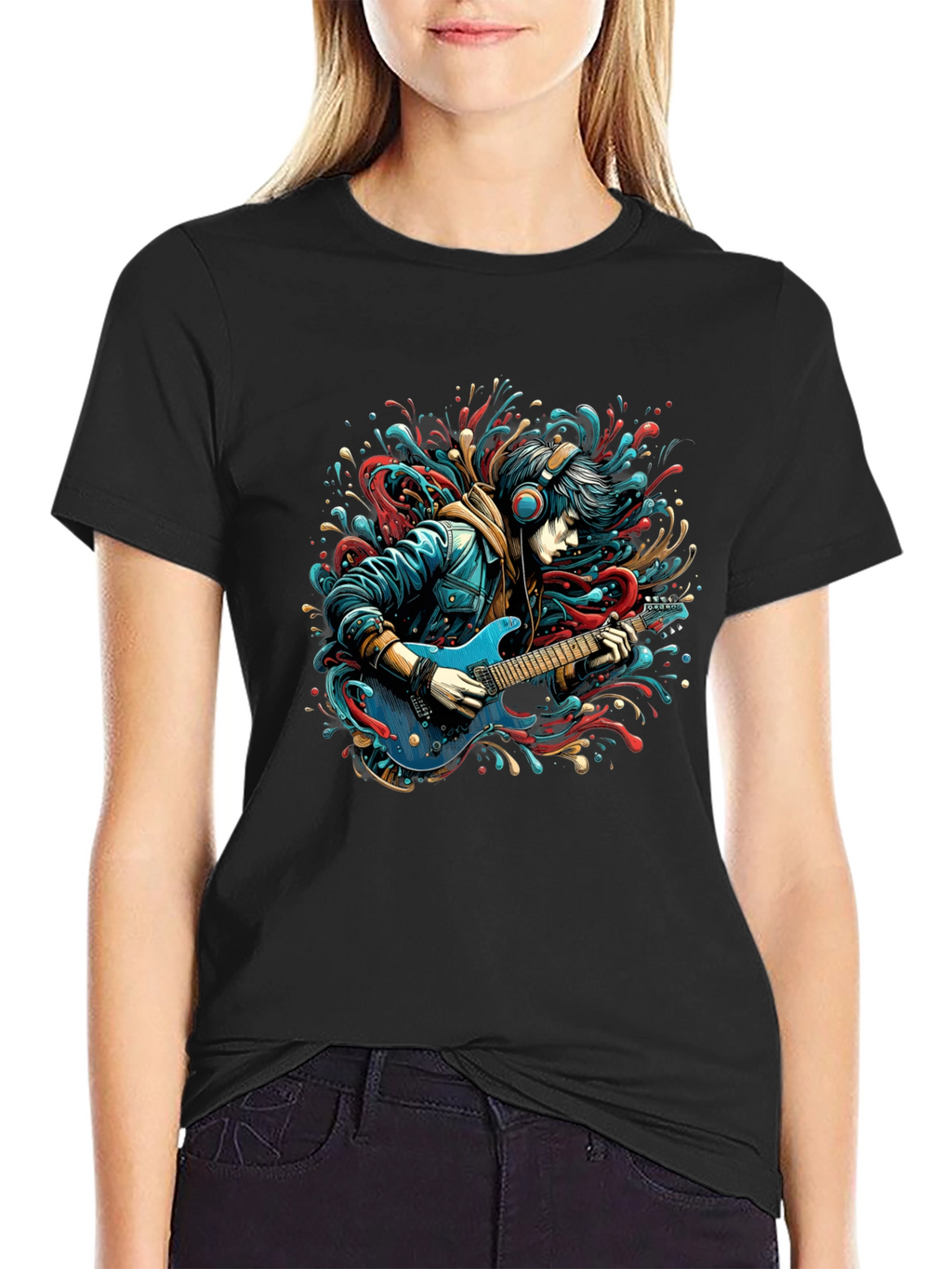Guitar Player Graphic Print Black T-Shirt