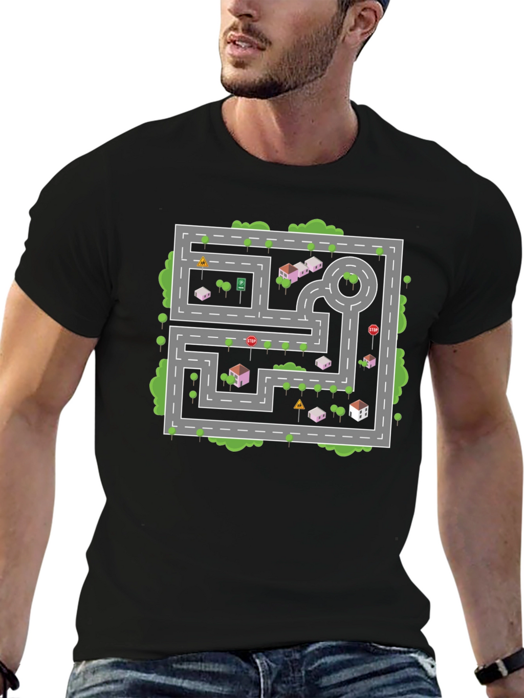Road Map Graphic Tee - Black Cotton Casual Shirt
