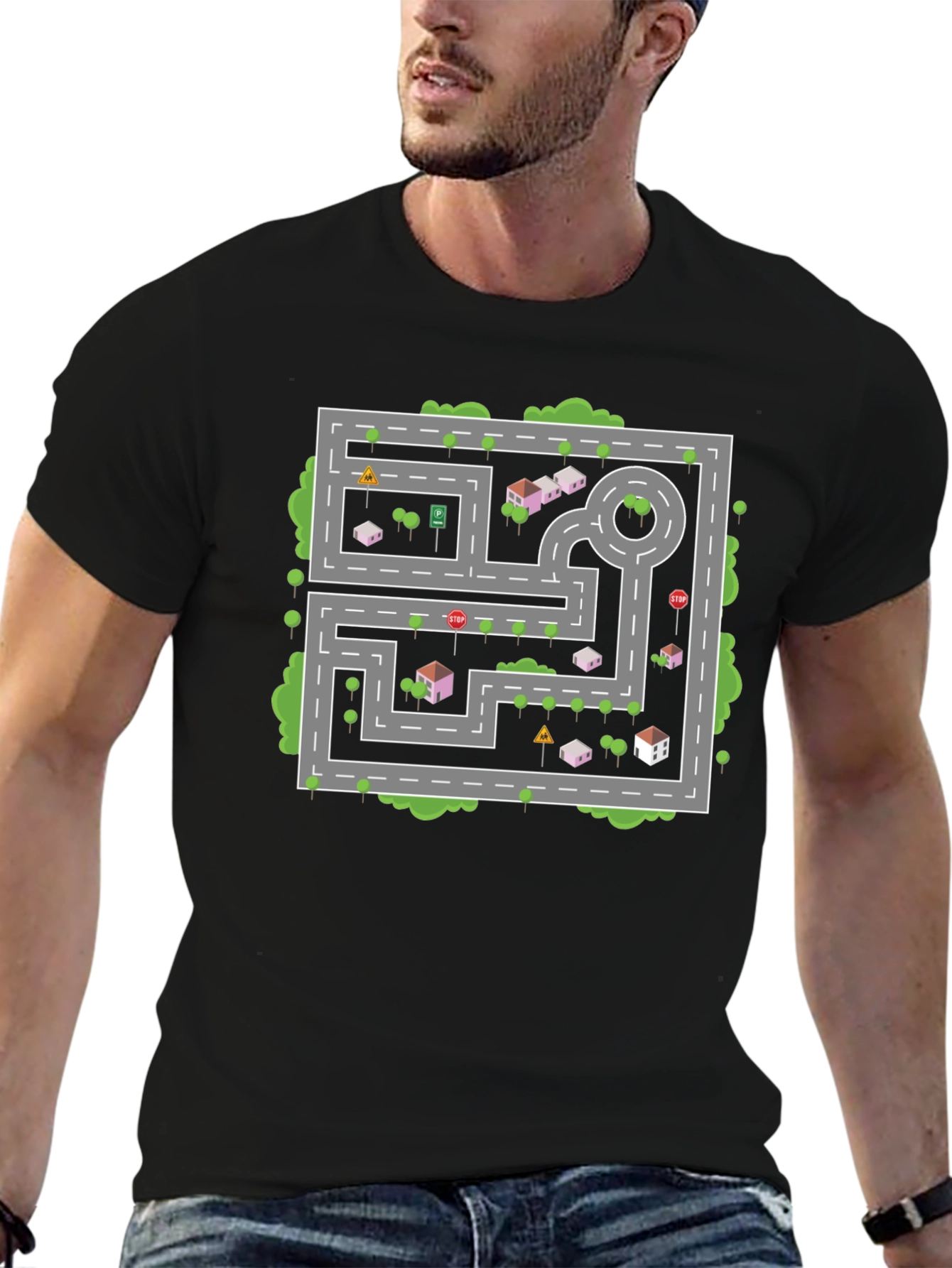 Road Map Graphic Tee - Black Cotton Casual Shirt