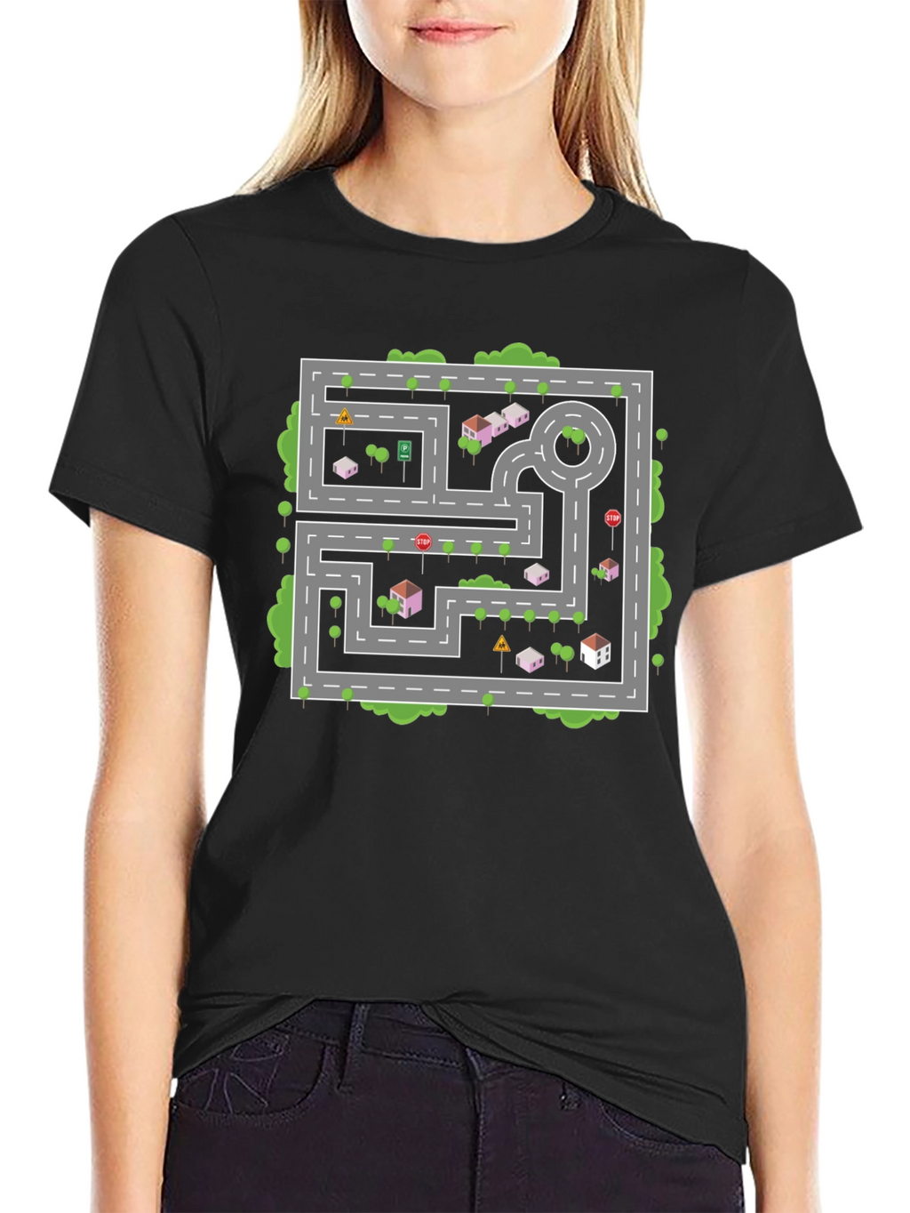 Road Map Graphic Tee - Black Cotton Casual Shirt