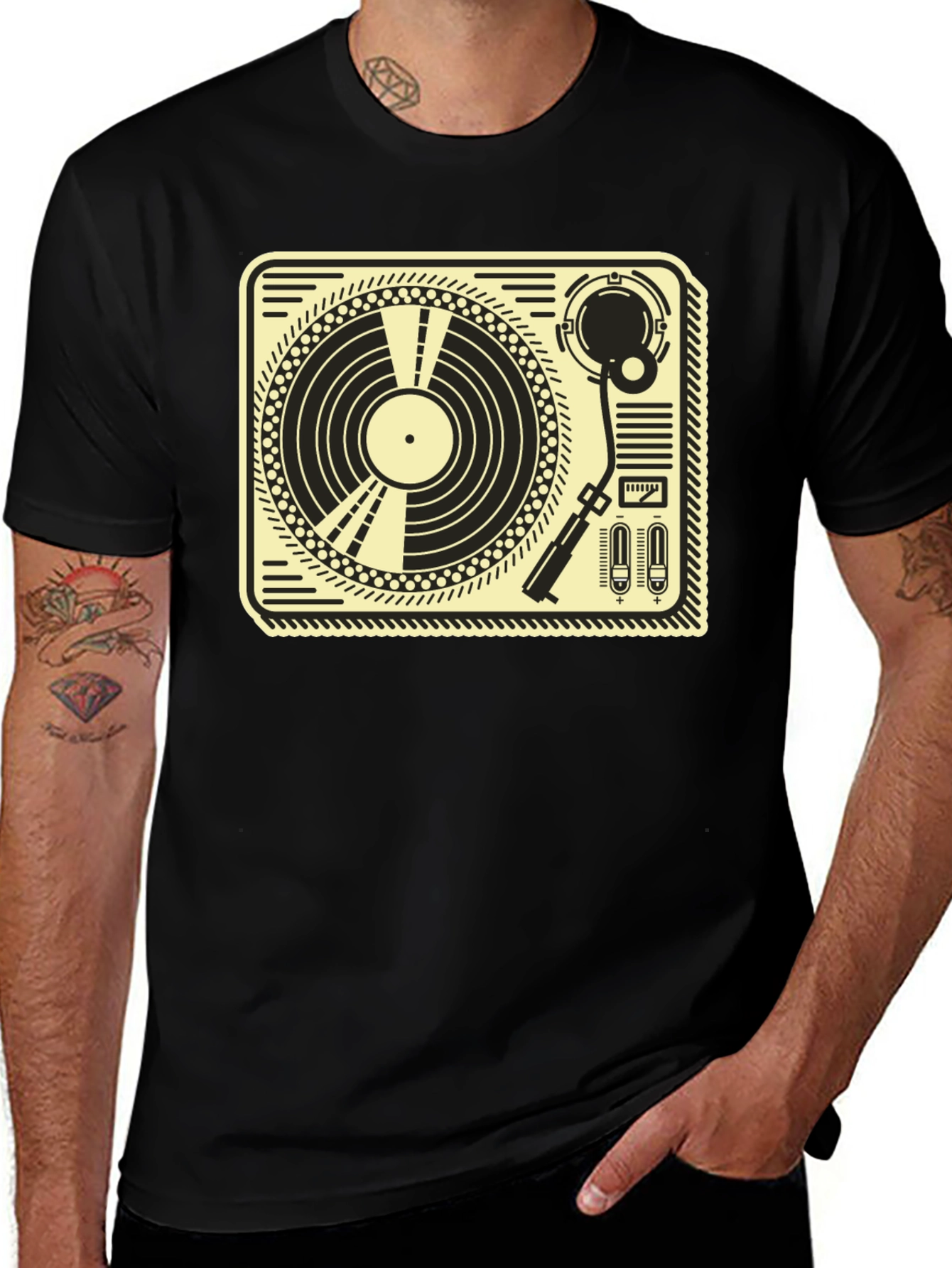 Retro Turntable Graphic Tee - Black Cotton T-Shirt