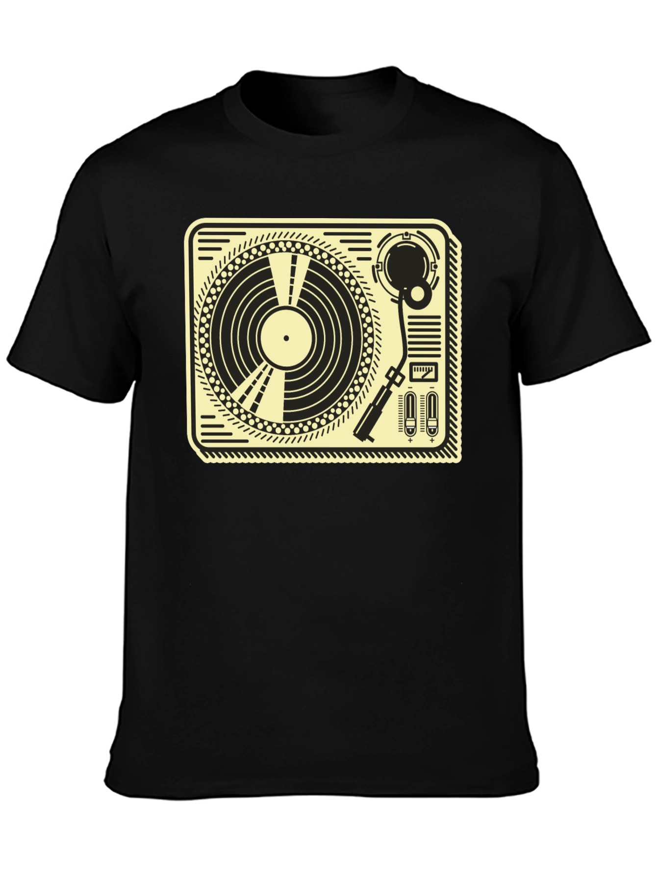 Retro Turntable Graphic Tee - Black Cotton T-Shirt