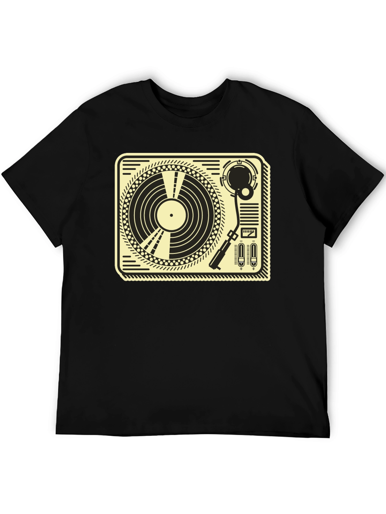 Retro Turntable Graphic Tee - Black Cotton T-Shirt