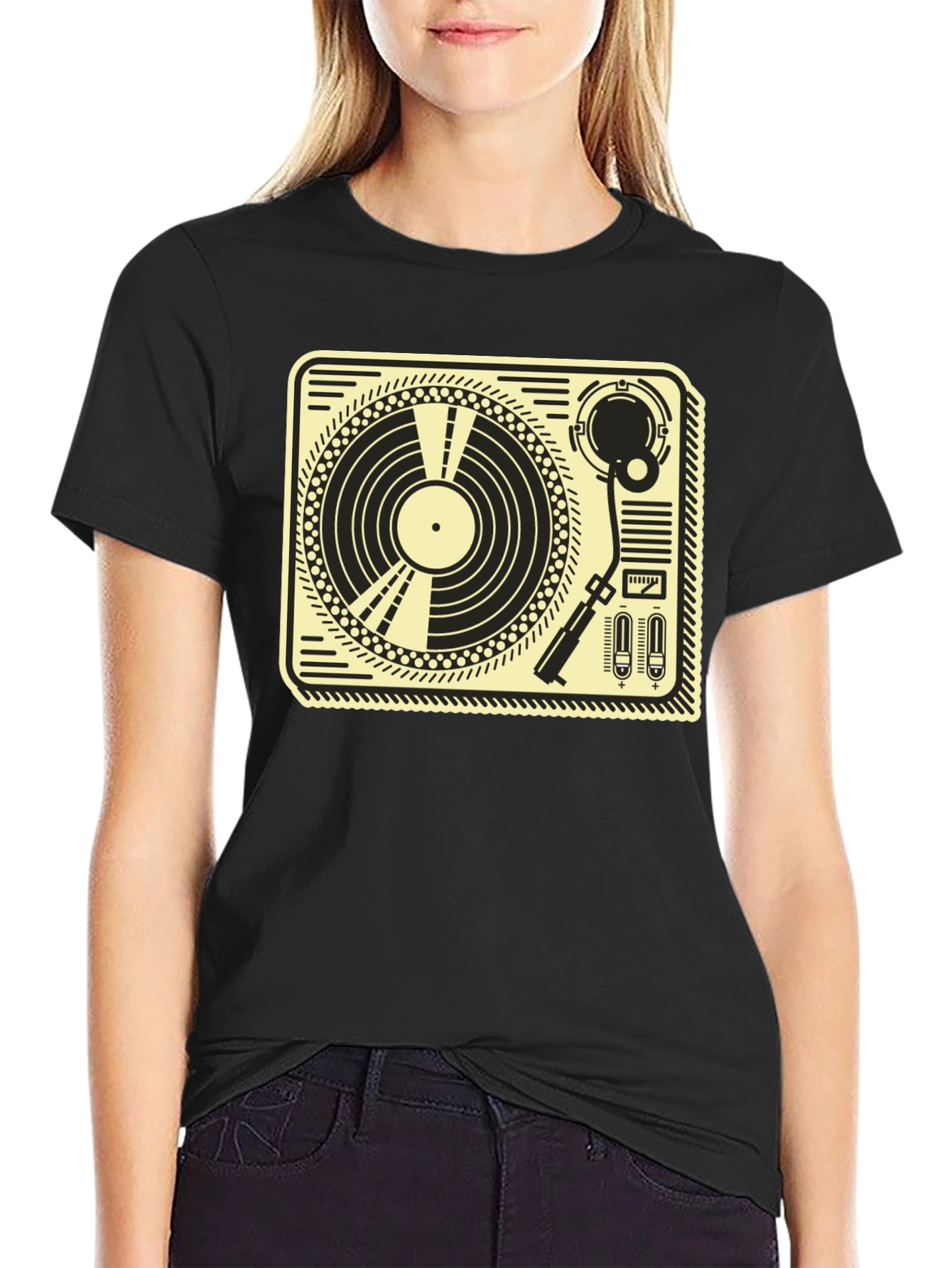 Retro Turntable Graphic Tee - Black Cotton T-Shirt