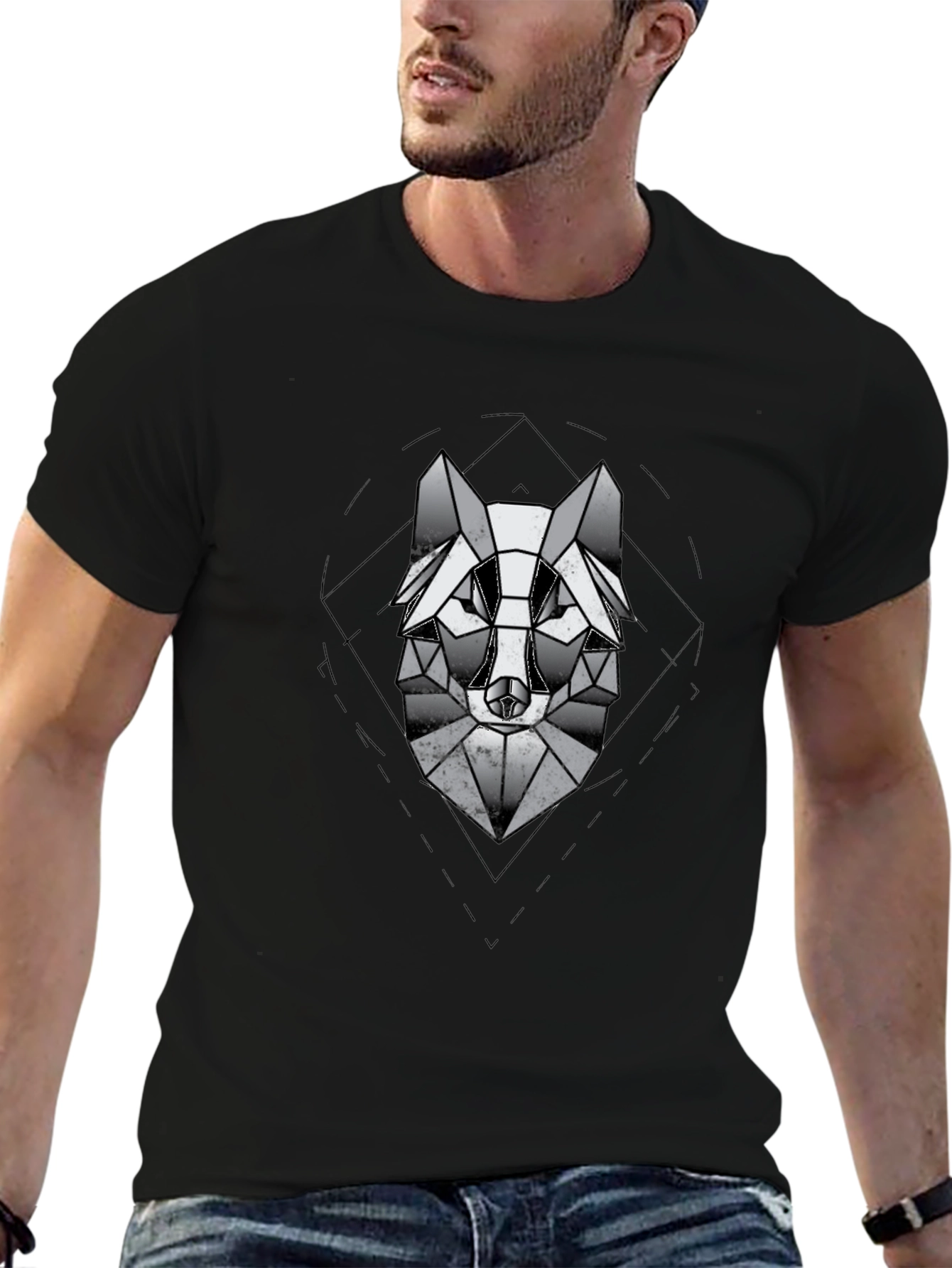Geometric Wolf Graphic Black T-Shirt