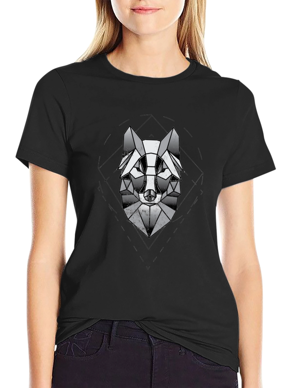 Geometric Wolf Graphic Black T-Shirt