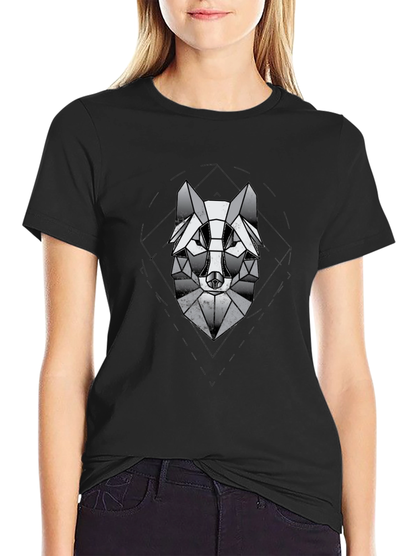 Geometric Wolf Graphic Black T-Shirt