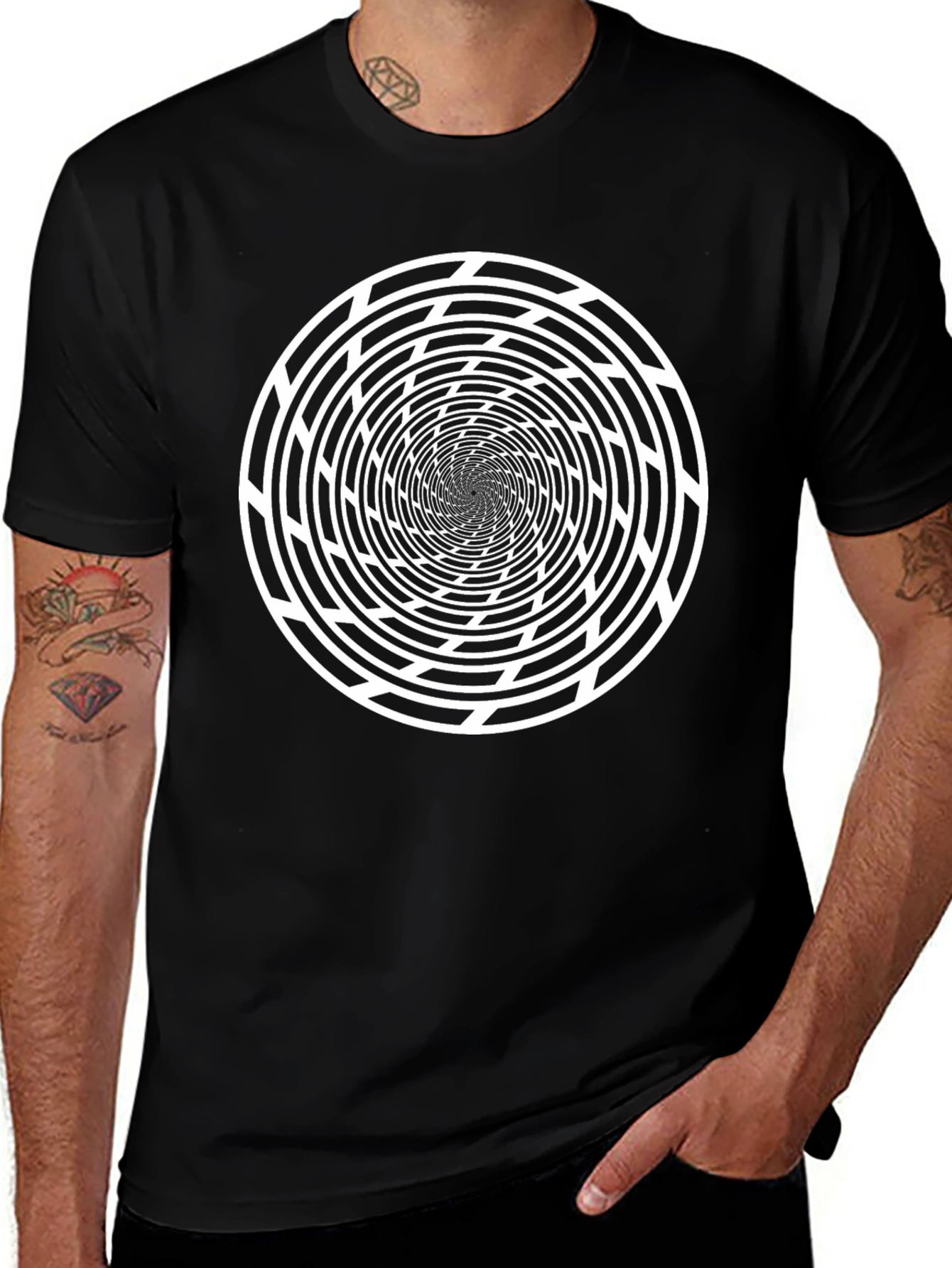 Optical Illusion Spiral Graphic Tee - Black Cotton T-Shirt