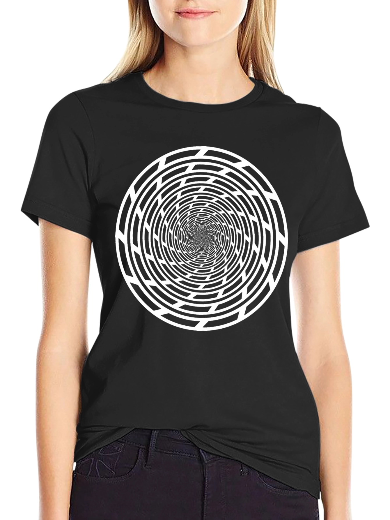 Optical Illusion Spiral Graphic Tee - Black Cotton T-Shirt