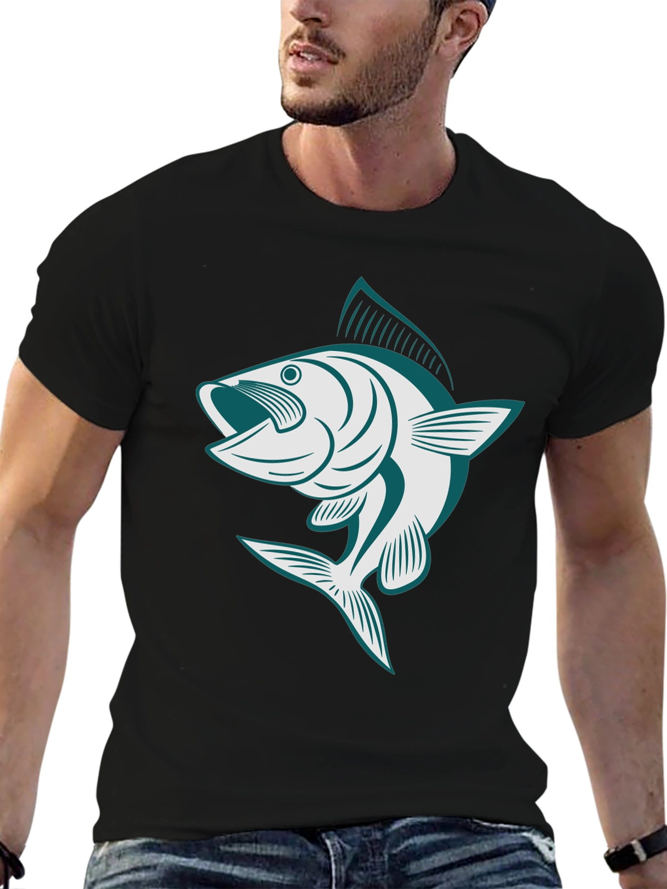 Mens Black T-Shirt with Fish Graphic