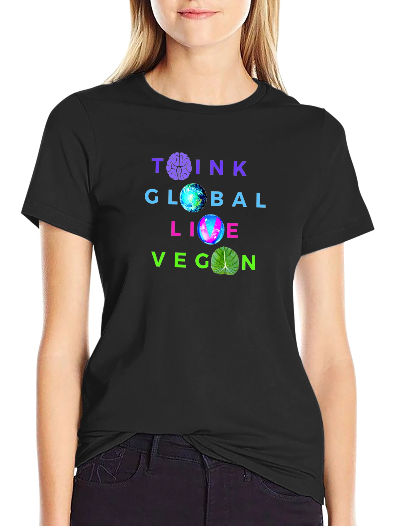 Think Global Live Vegan T-Shirt - Brain Earth & Leaf