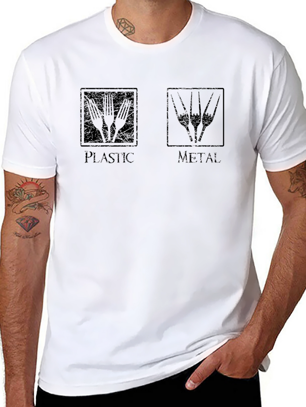 Plastic vs Metal Black T-Shirt