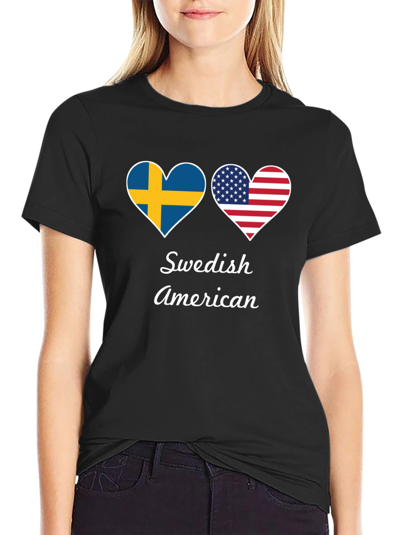Swedish American Flag Heart Graphic T-Shirt
