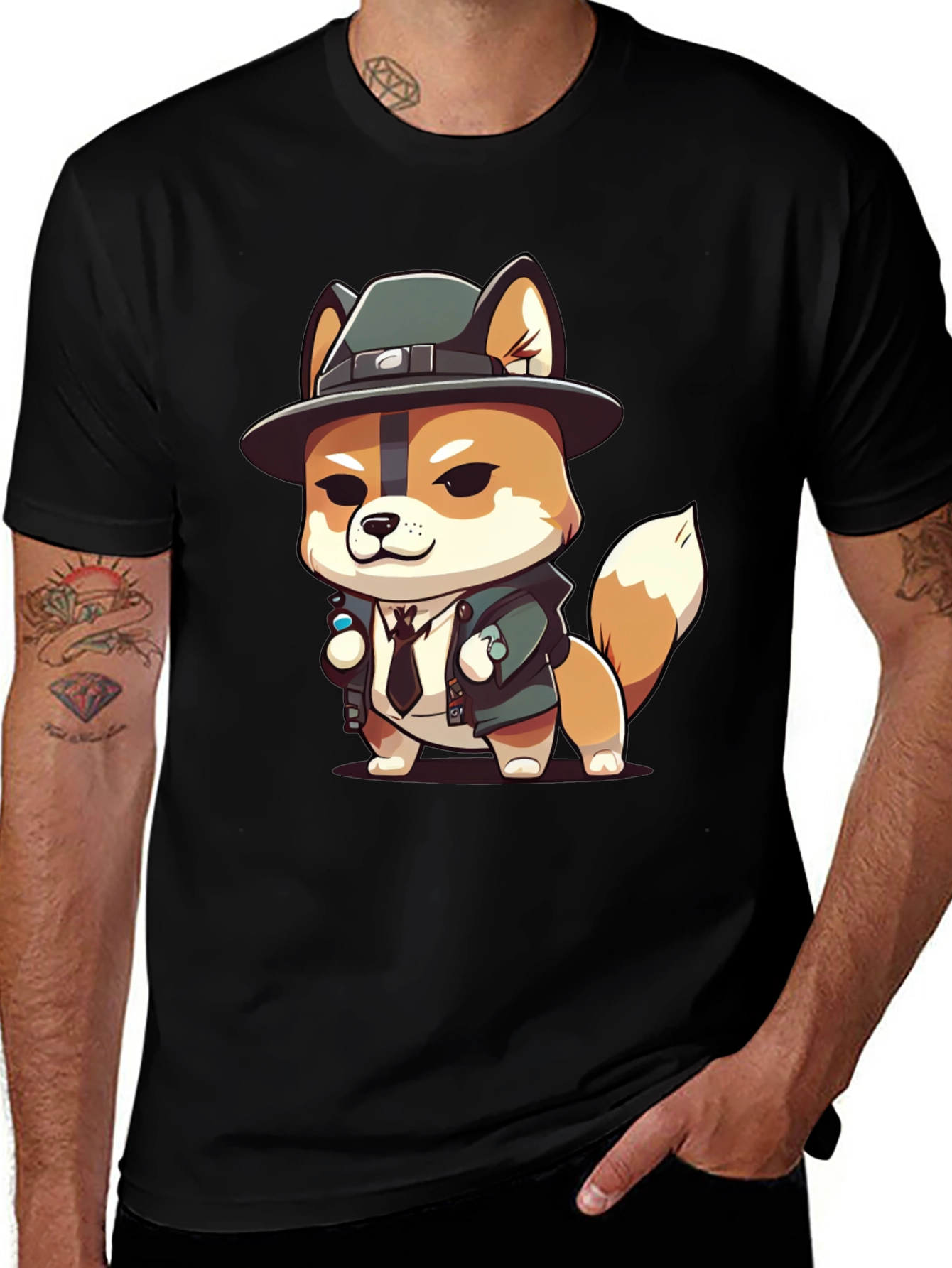 Cartoon Dog Detective Black T-Shirt