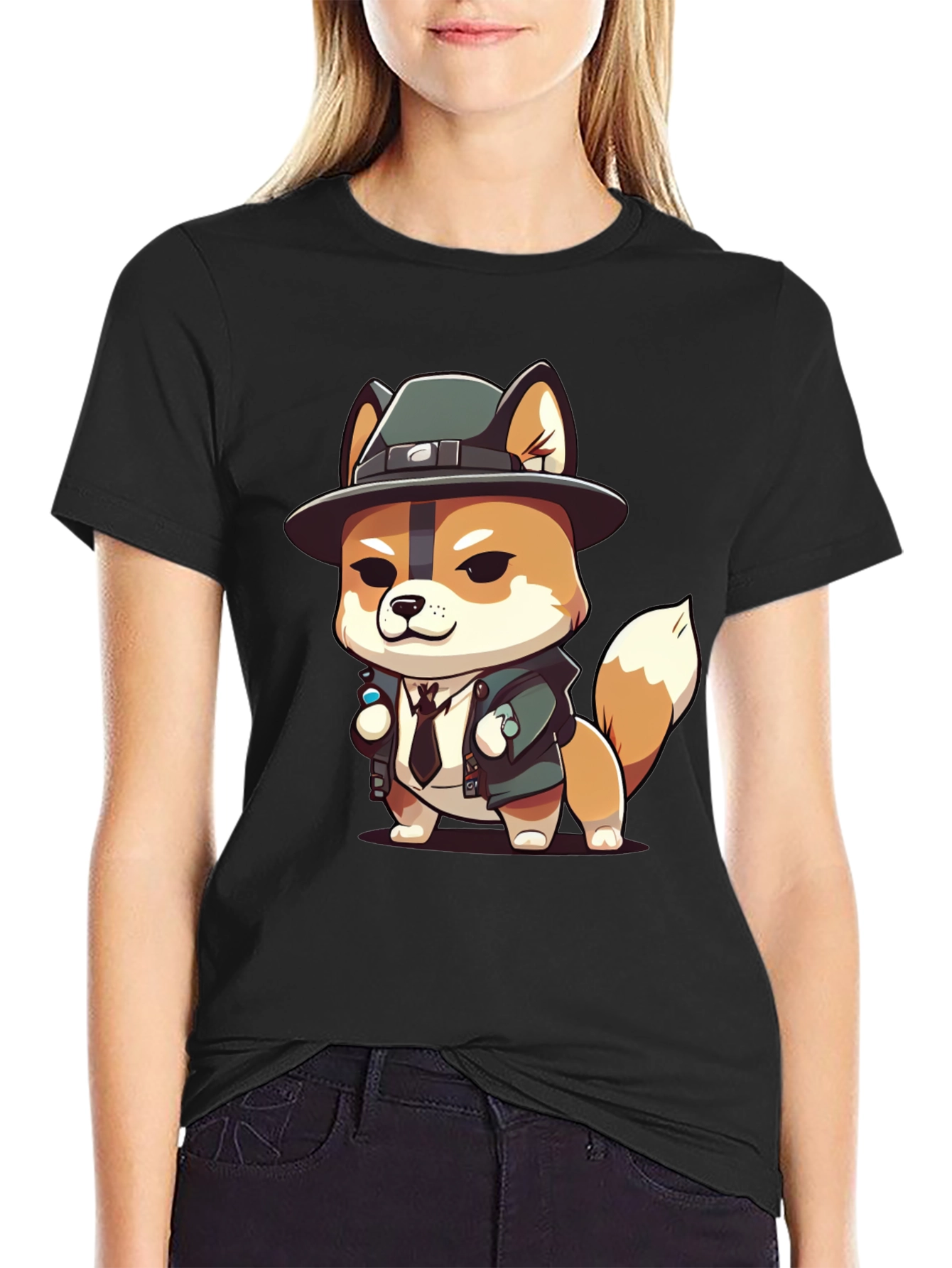 Cartoon Dog Detective Black T-Shirt