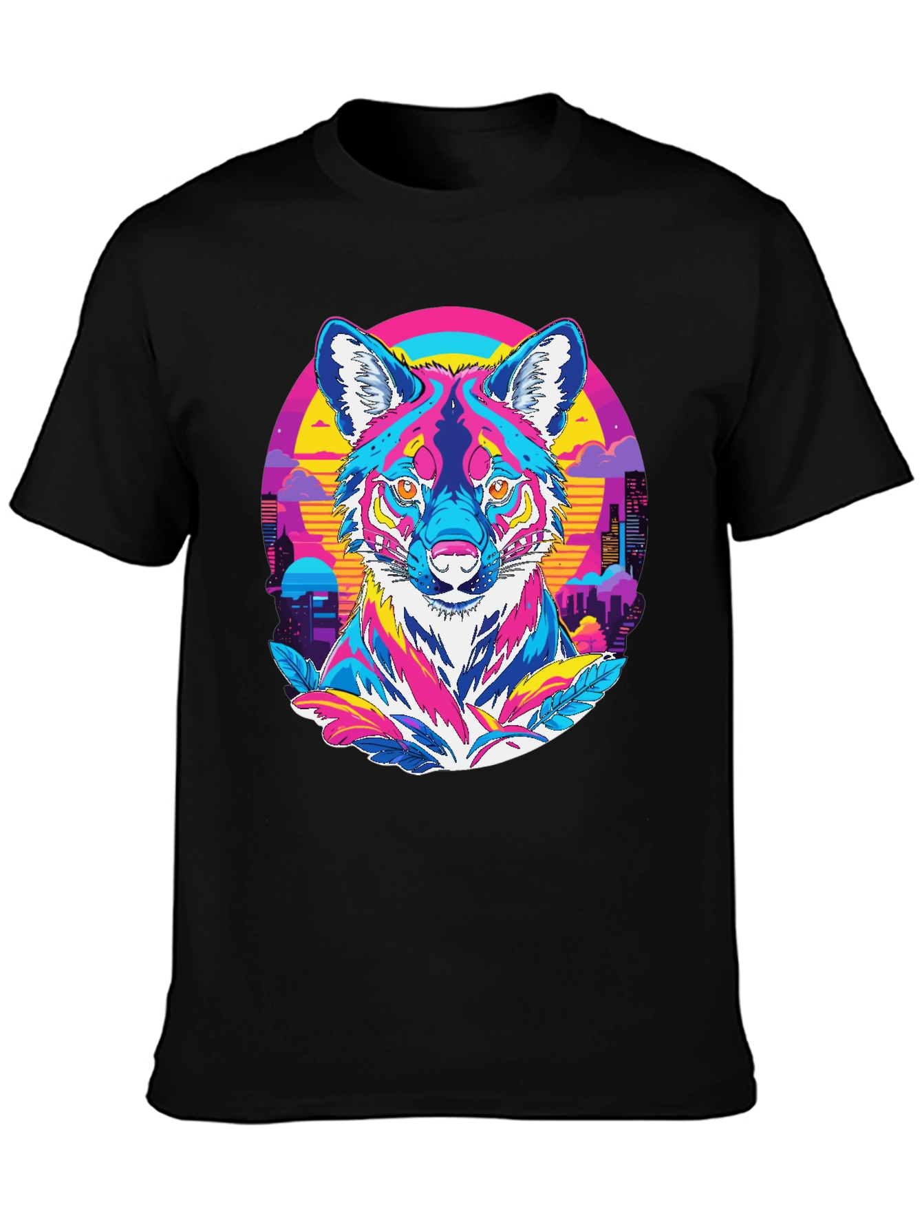 Vibrant Wolf Graphic Tee - Retro Cityscape Design
