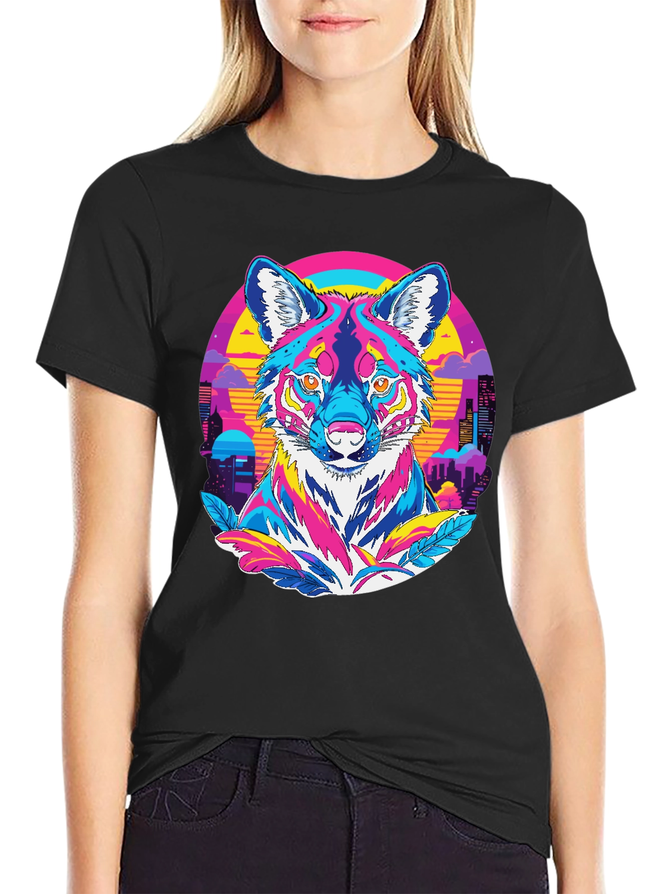 Vibrant Wolf Graphic Tee - Retro Cityscape Design