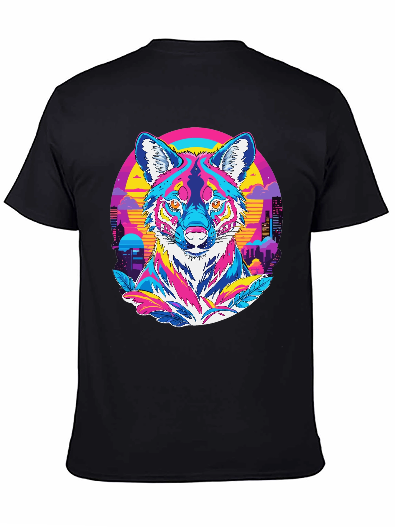 Vibrant Wolf Graphic Tee - Retro Cityscape Design