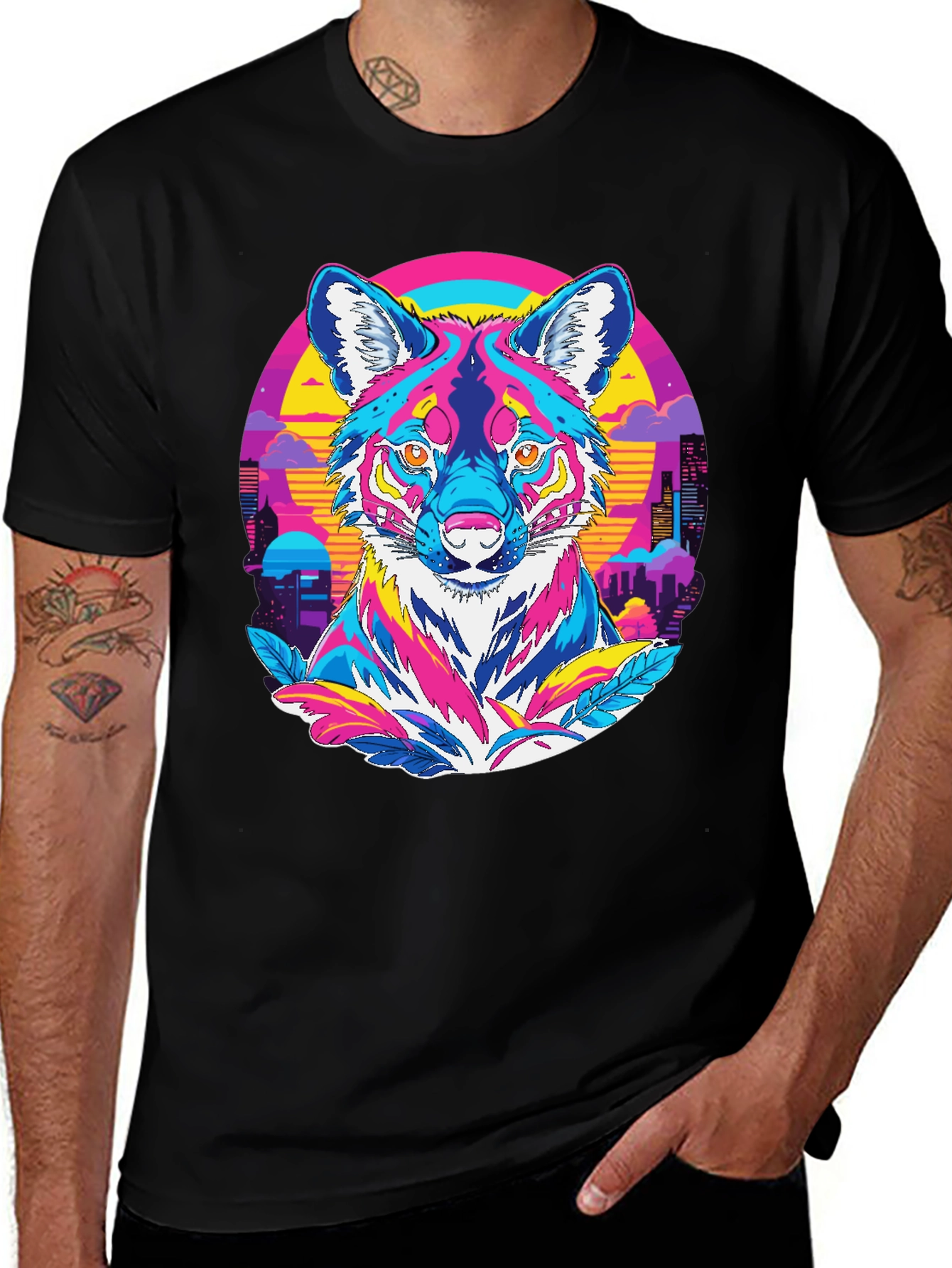 Vibrant Wolf Graphic Tee - Retro Cityscape Design