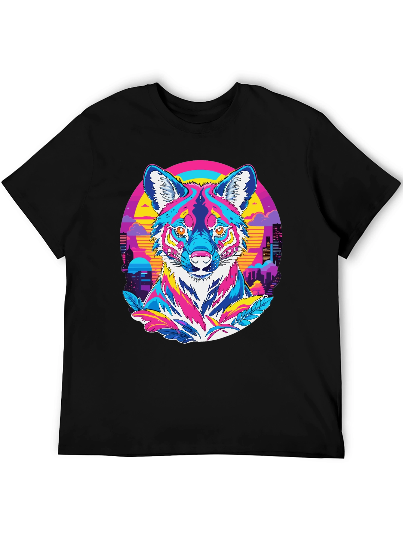 Vibrant Wolf Graphic Tee - Retro Cityscape Design