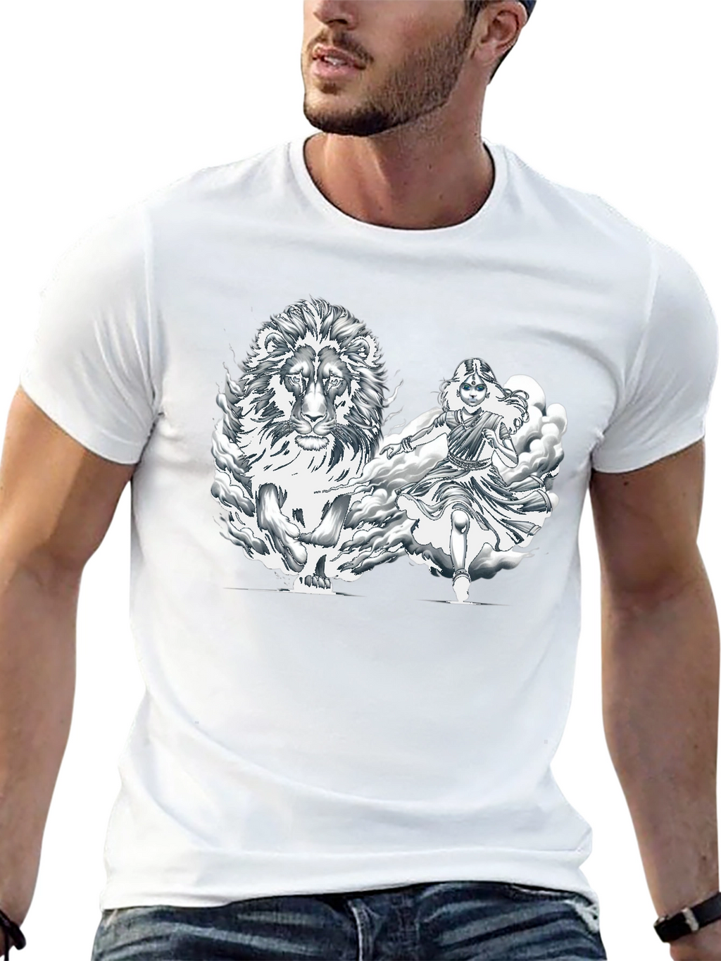 Lion & Warrior Graphic Print Black T-Shirt
