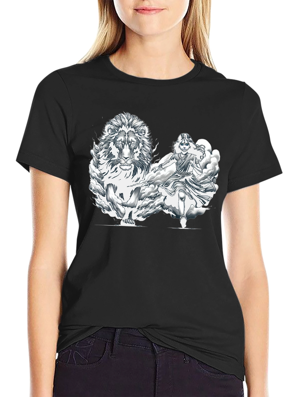 Lion & Warrior Graphic Print Black T-Shirt