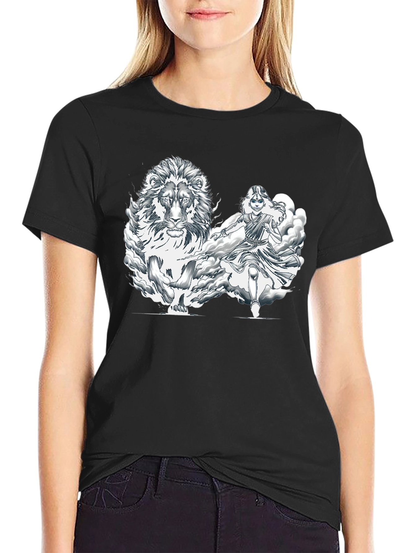 Lion & Warrior Graphic Print Black T-Shirt