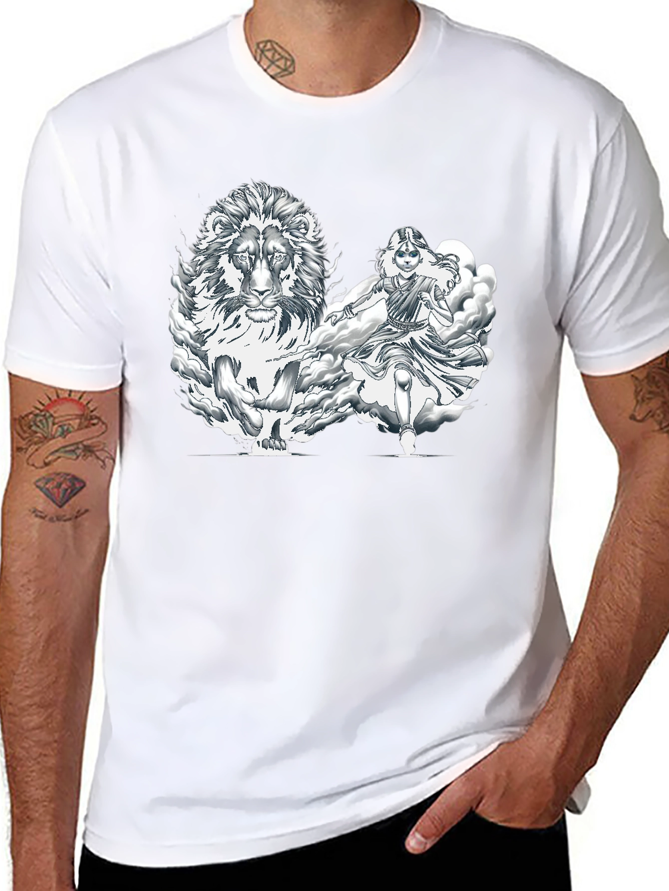 Lion & Warrior Graphic Print Black T-Shirt