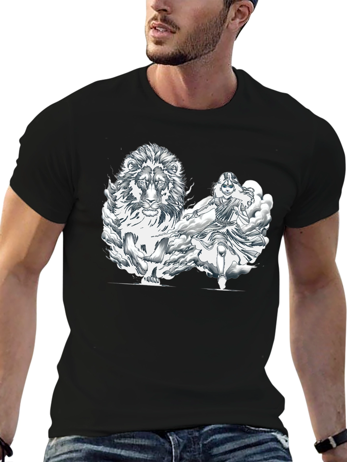 Lion & Warrior Graphic Print Black T-Shirt