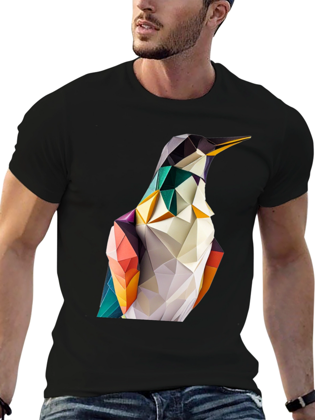 Geometric Penguin Graphic Black T-Shirt