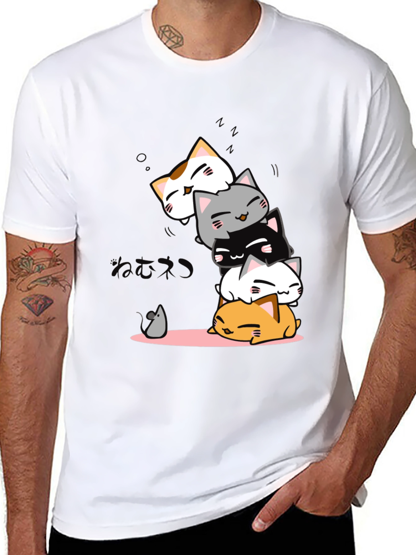 Cute Cat Pile T-Shirt - Black