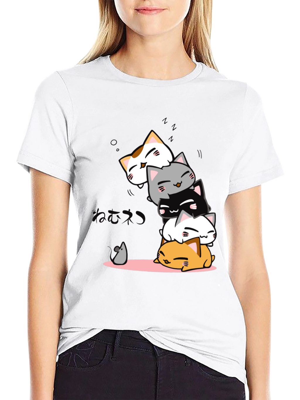 Cute Cat Pile T-Shirt - Black