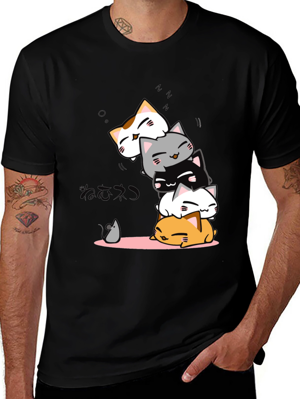 Cute Cat Pile T-Shirt - Black