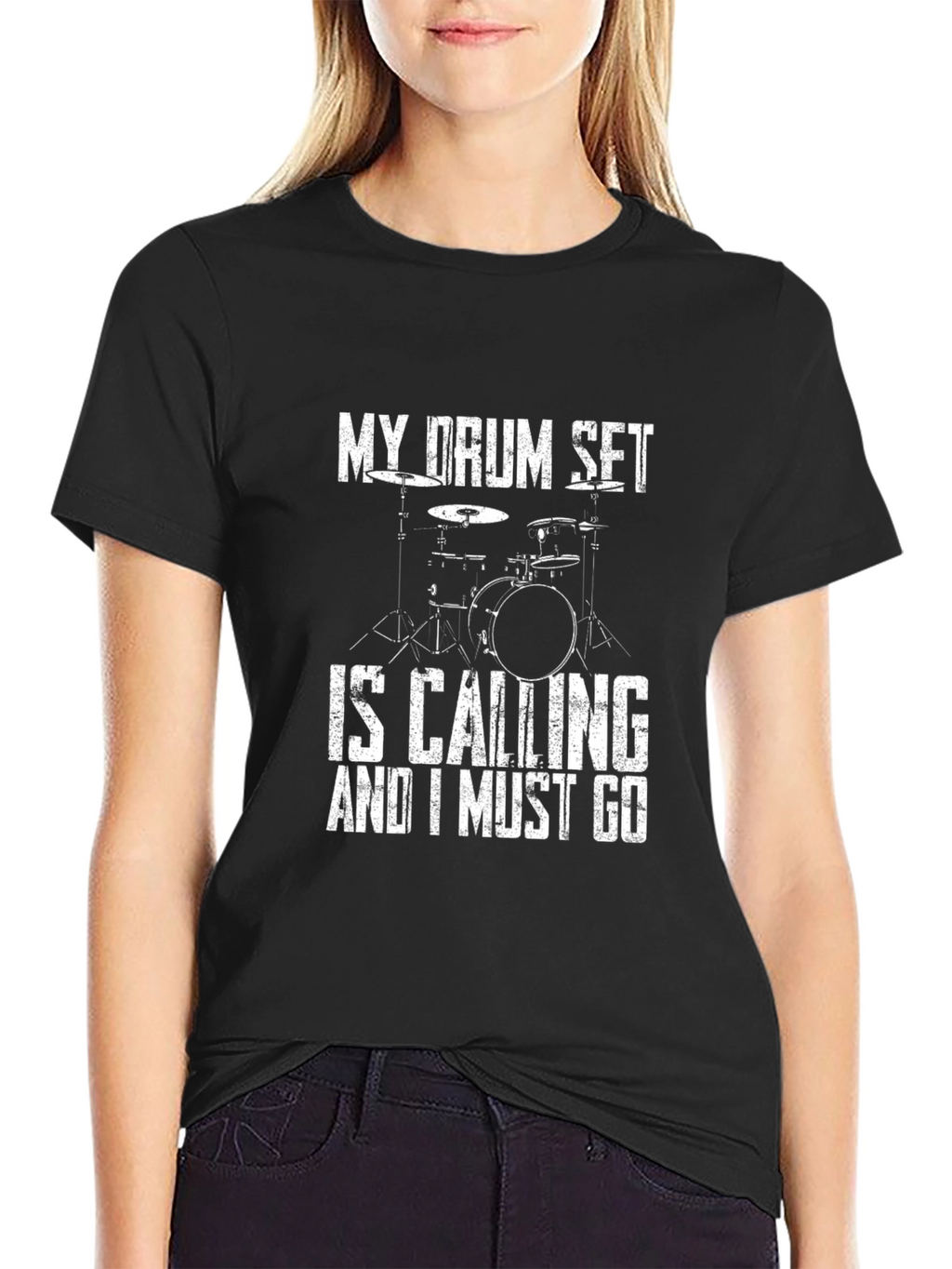 Drum Set Calling Black Graphic T-Shirt
