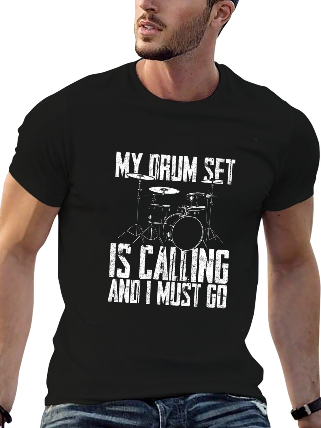 Drum Set Calling Black Graphic T-Shirt