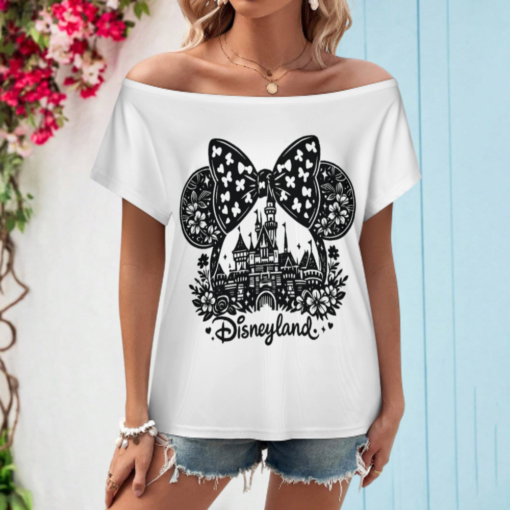 Disney Castle Bow Graphic Tee – Magical Theme Park Inspired Women's Casual Off-Shoulder Top(z1053)