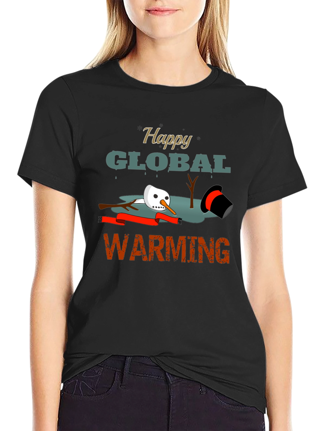 Happy Global Warming Tee - Melting Snowman Graphic